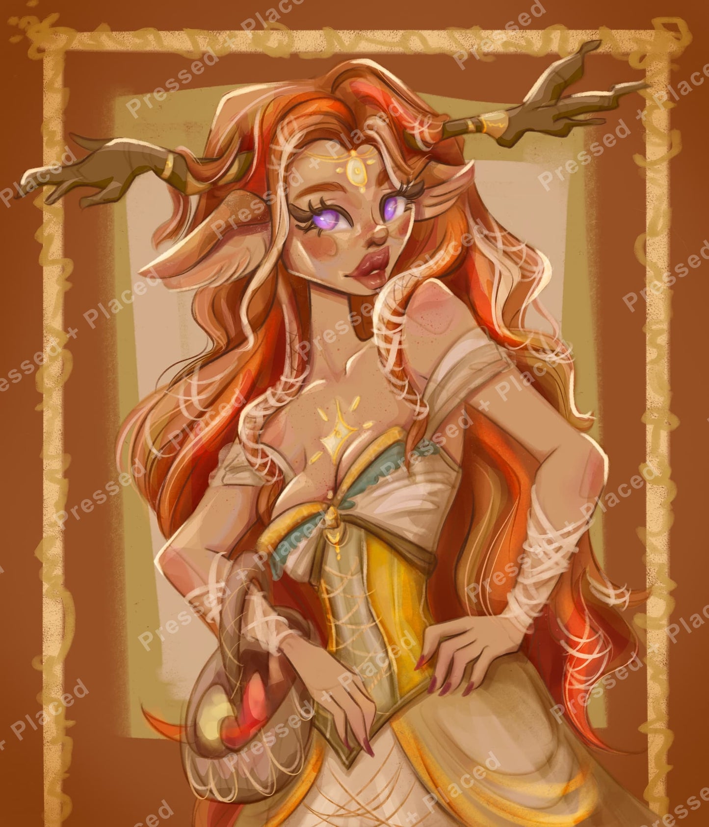 Fantasy deer woman portrait with glowing eyes, flowing red hair, and antler-like branches
