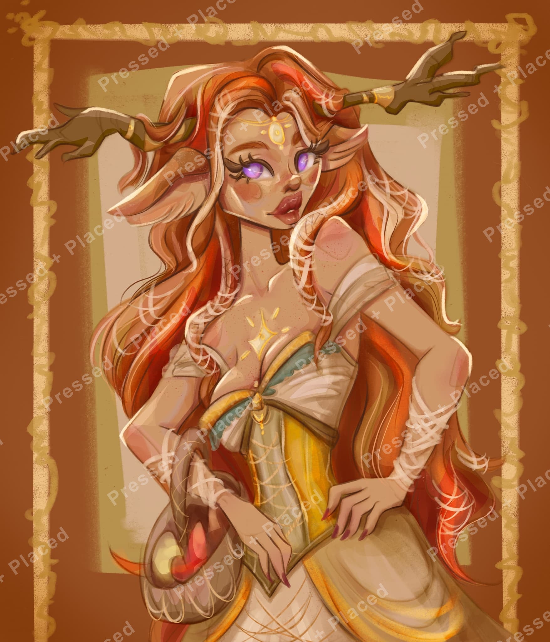 Fantasy deer woman portrait with glowing eyes, flowing red hair, and antler-like branches