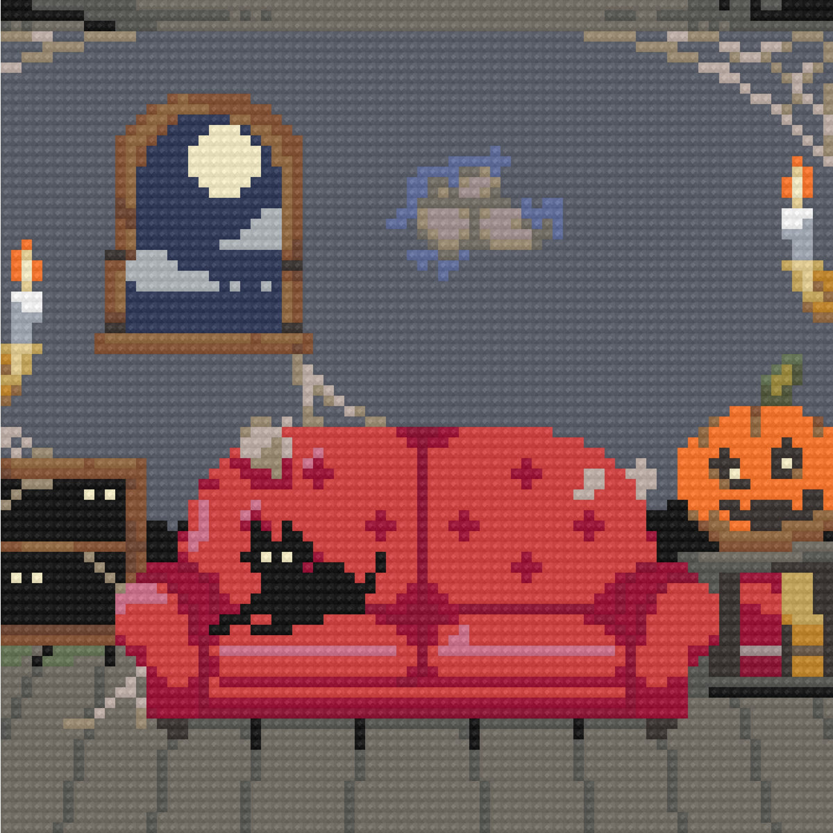 Four cozy haunted mansion diamond painting scenes with ghosts, bats, pumpkins, and Halloween interiors
