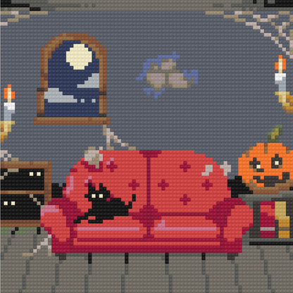 Four cozy haunted mansion diamond painting scenes with ghosts, bats, pumpkins, and Halloween interiors