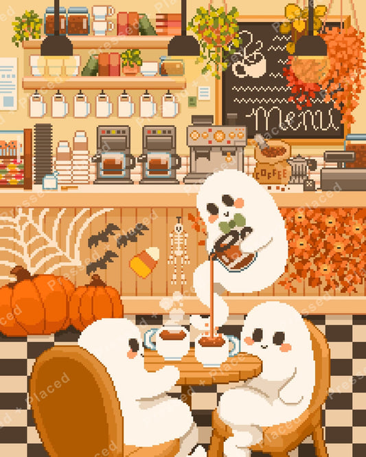 Pixel-style autumn coffee shop with cute white characters, pumpkins, and warm cozy décor
