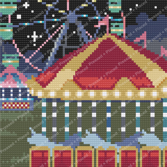 Colorful Ferris wheel carnival diamond art with stars, bright lights, and bold geometric shapes