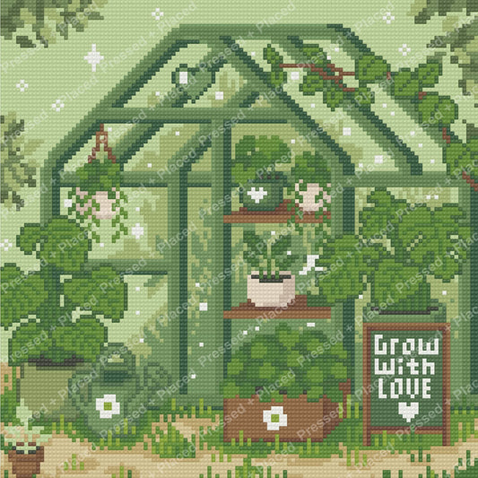 Pixel-style greenhouse garden with potted plants, hanging vines, and soft green tones