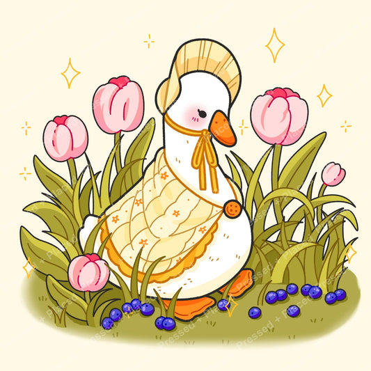 Cute duck surrounded by pink flowers in a soft pastel cartoon style