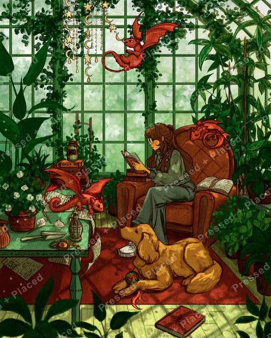 Fantasy reading room with dragons, lush greenery, and a cozy seated reader