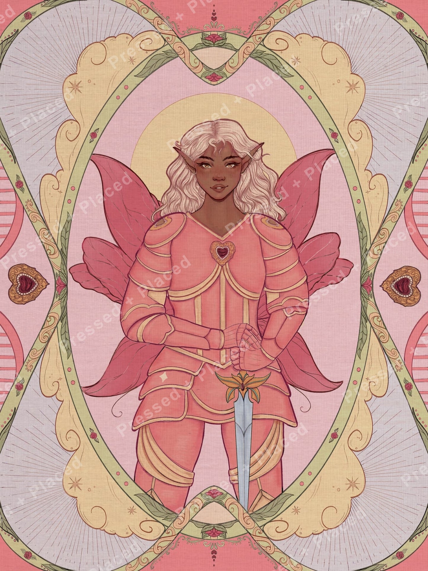 Fantasy elf warrior in pink armor with ornate floral framing and pastel decorative details