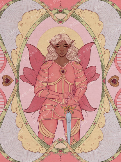 Fantasy elf warrior in pink armor with ornate floral framing and pastel decorative details