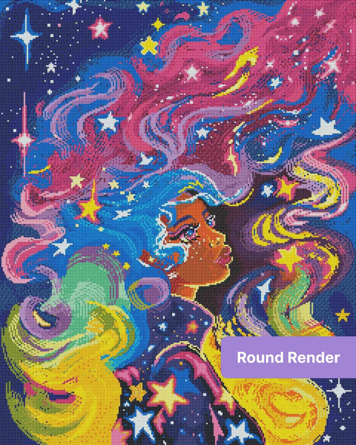 Vibrant cosmic goddess with flowing rainbow hair, stars, and a fantasy celestial background
