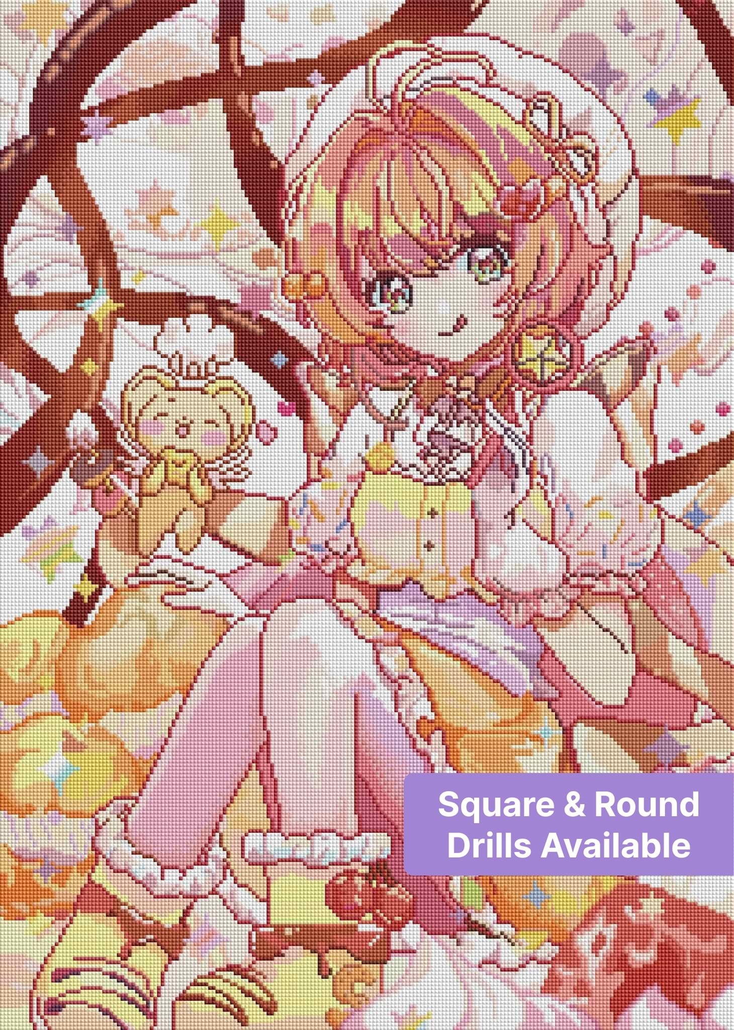 Anime-style girl in pastel dessert outfit with cherries, cookies, and cute candy accents