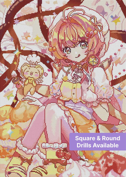 Anime-style girl in pastel dessert outfit with cherries, cookies, and cute candy accents