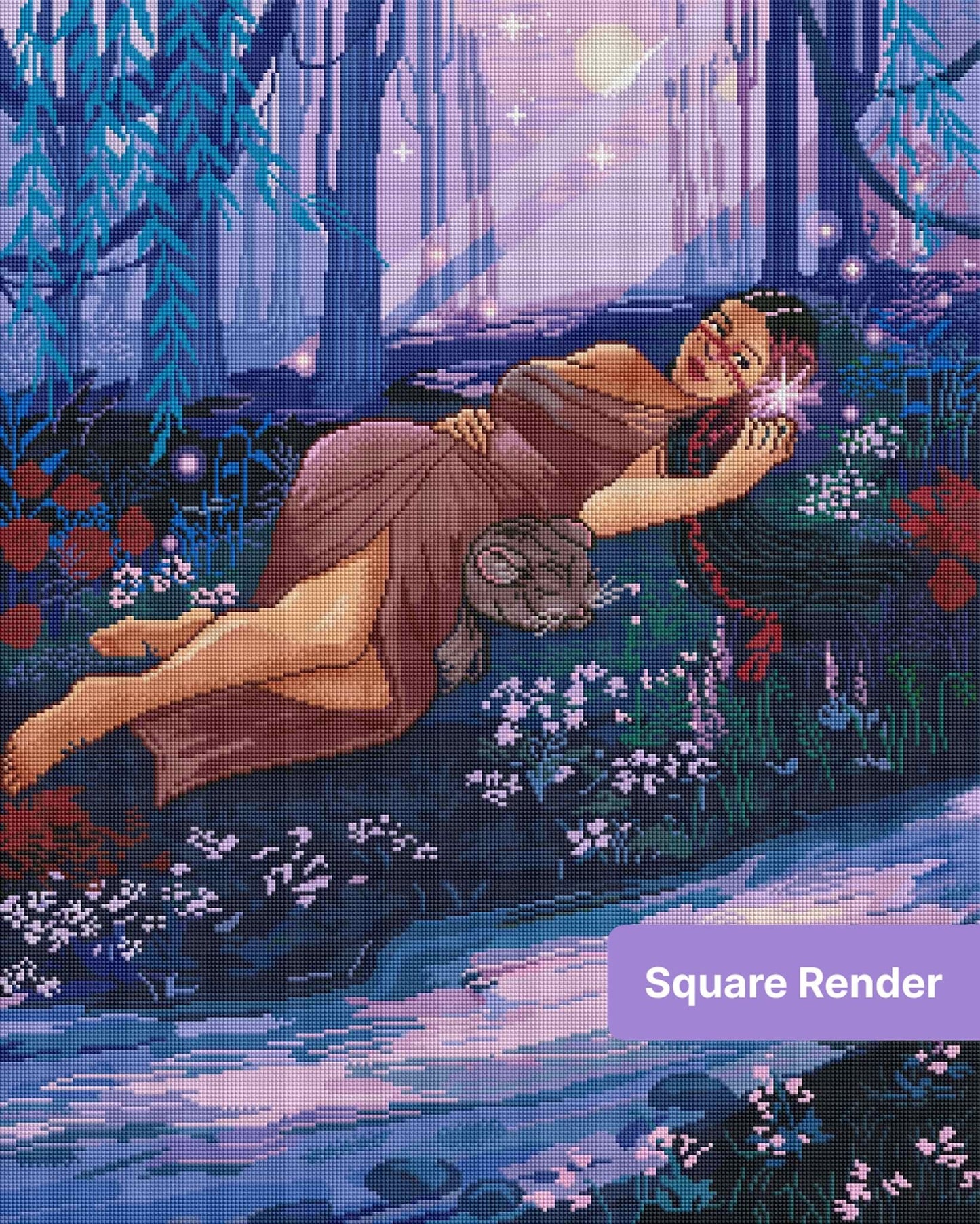 Fantasy woman reclining in a moonlit forest with glowing flowers and soft purple light