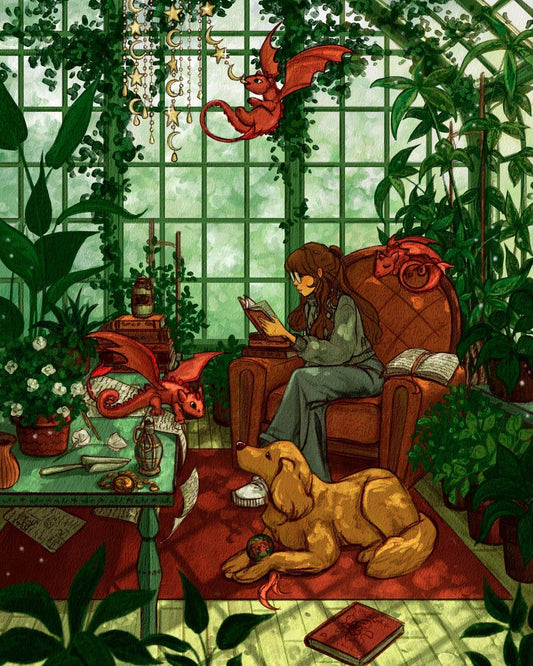 Fantasy reading room with a woman, dragons, plants, and celestial hanging ornaments