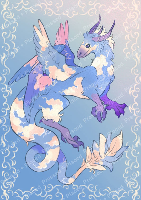 Pastel fantasy dragon with cloud patterns, lavender horns, and elegant swirling border