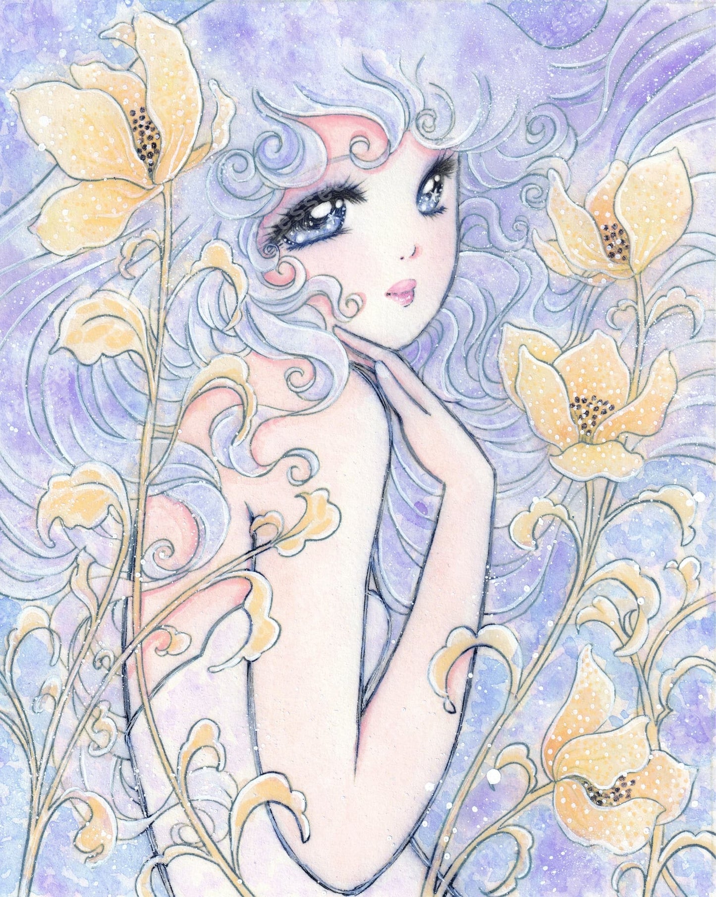 Pastel fairy girl surrounded by yellow flowers in a soft lavender fantasy style