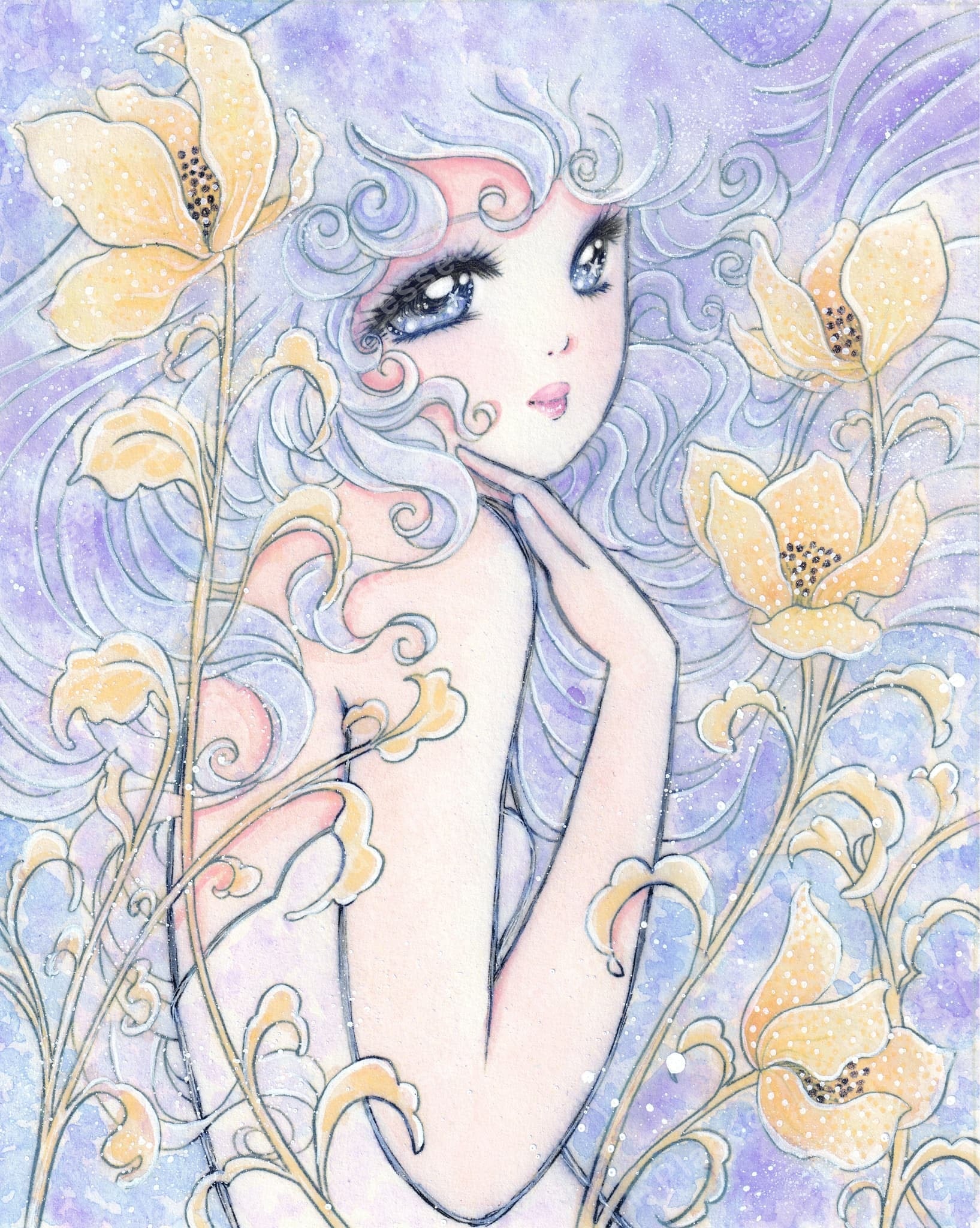 Pastel fairy girl surrounded by yellow flowers in a soft lavender fantasy style