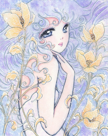 Pastel fairy girl surrounded by yellow flowers in a soft lavender fantasy style