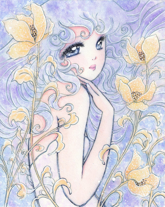 Pastel fairy girl surrounded by yellow flowers in a soft lavender fantasy style