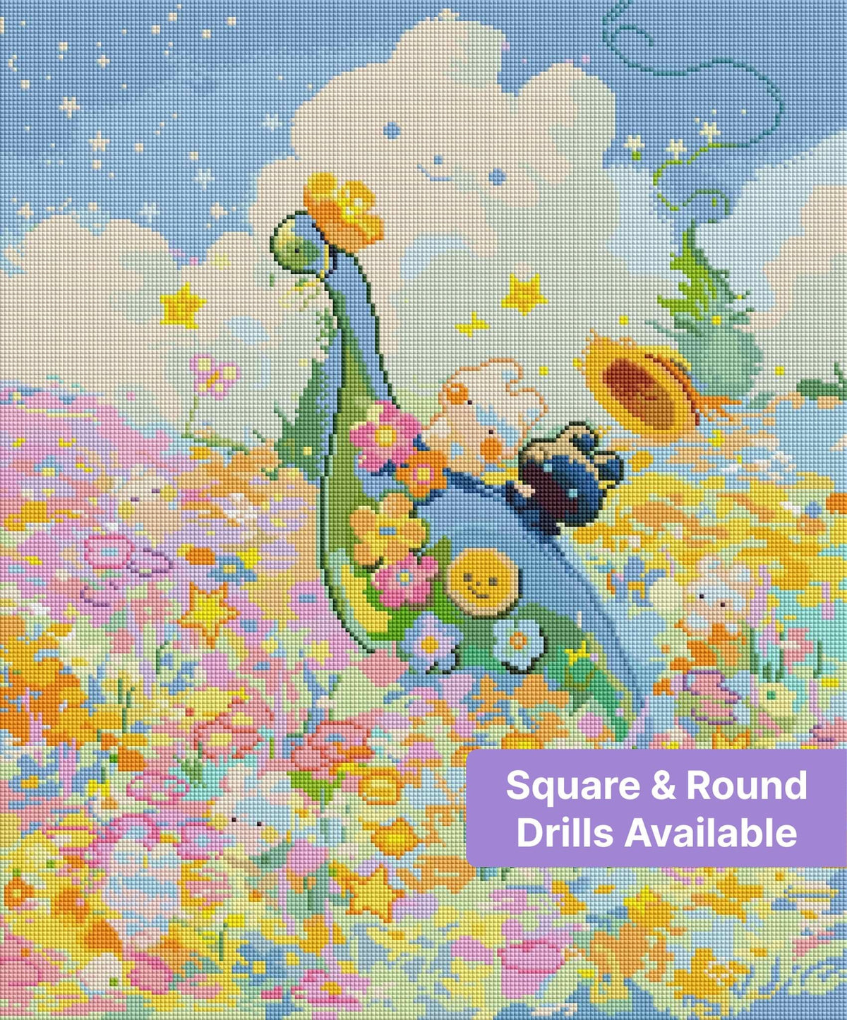 Whimsical dinosaur in a pastel flower field with clouds, stars, and playful fantasy details
