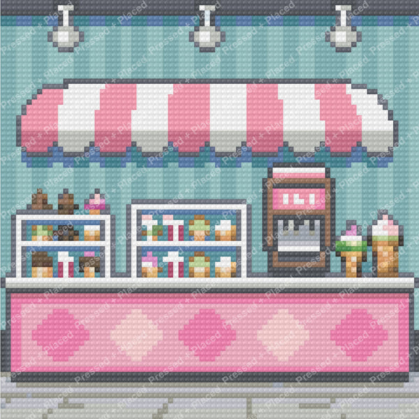 Pastel ice cream shop scene with dessert counter, striped awning, and sweet treats