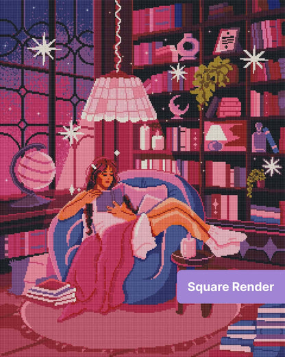 Girl reading in a cozy pink and purple fantasy room with books, candles, and soft lighting