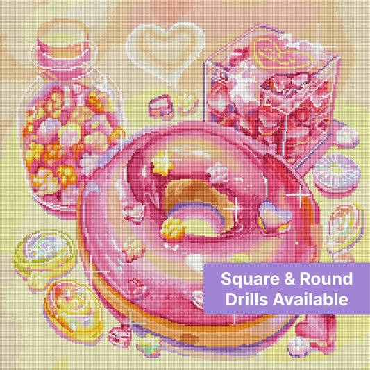 Pastel candy-themed diamond art with hearts, donut, and sweet jar decor