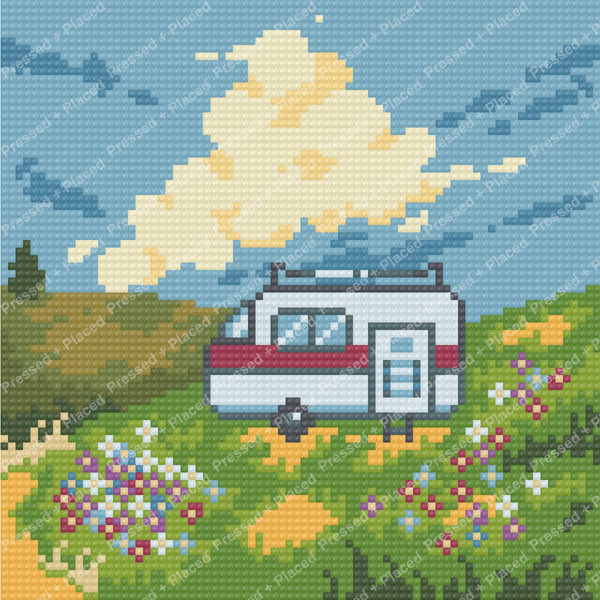 Pixel-style camper van in a colorful wildflower meadow under a blue sky