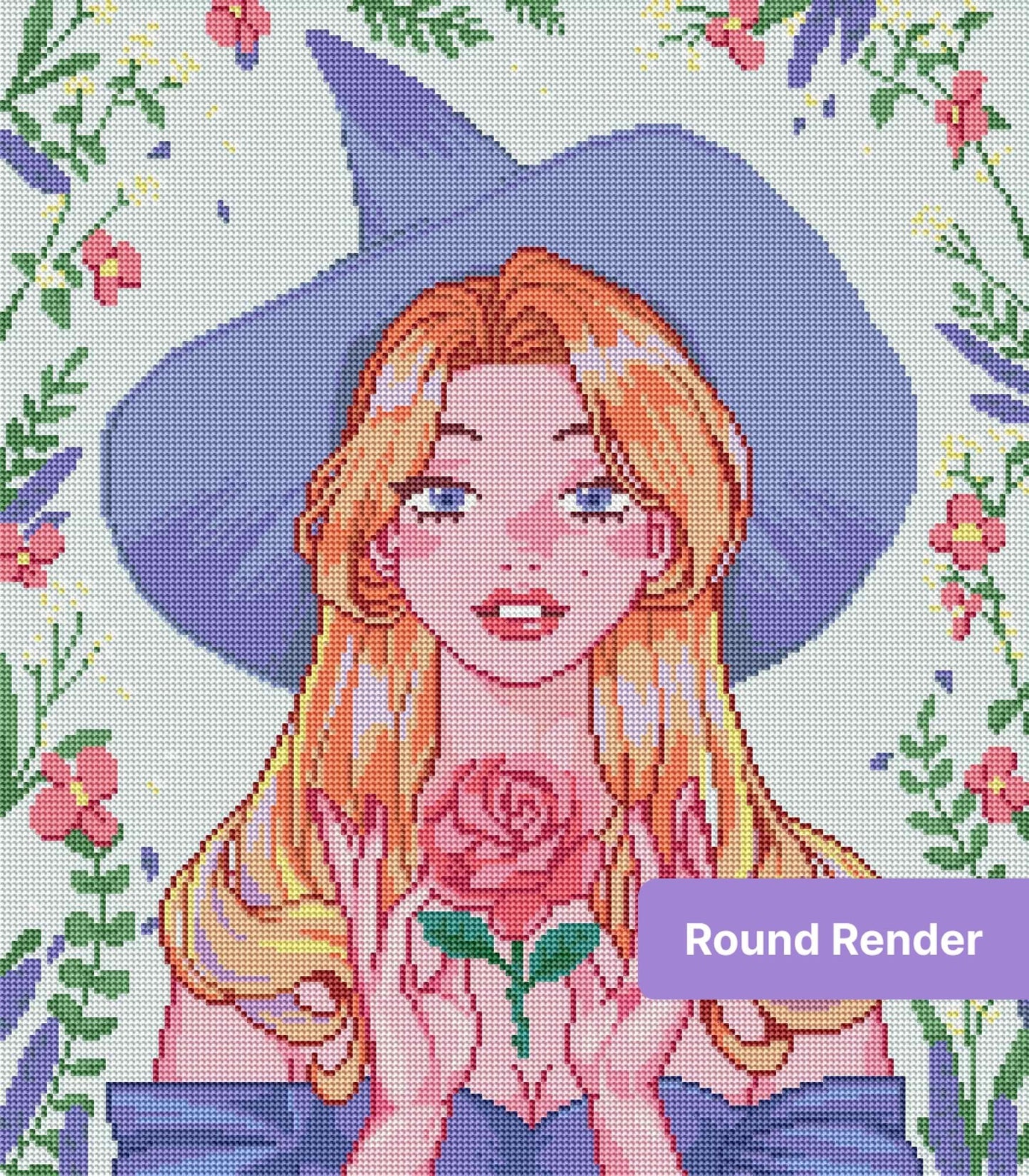 Pastel witch hat girl holding a pink rose with delicate floral border