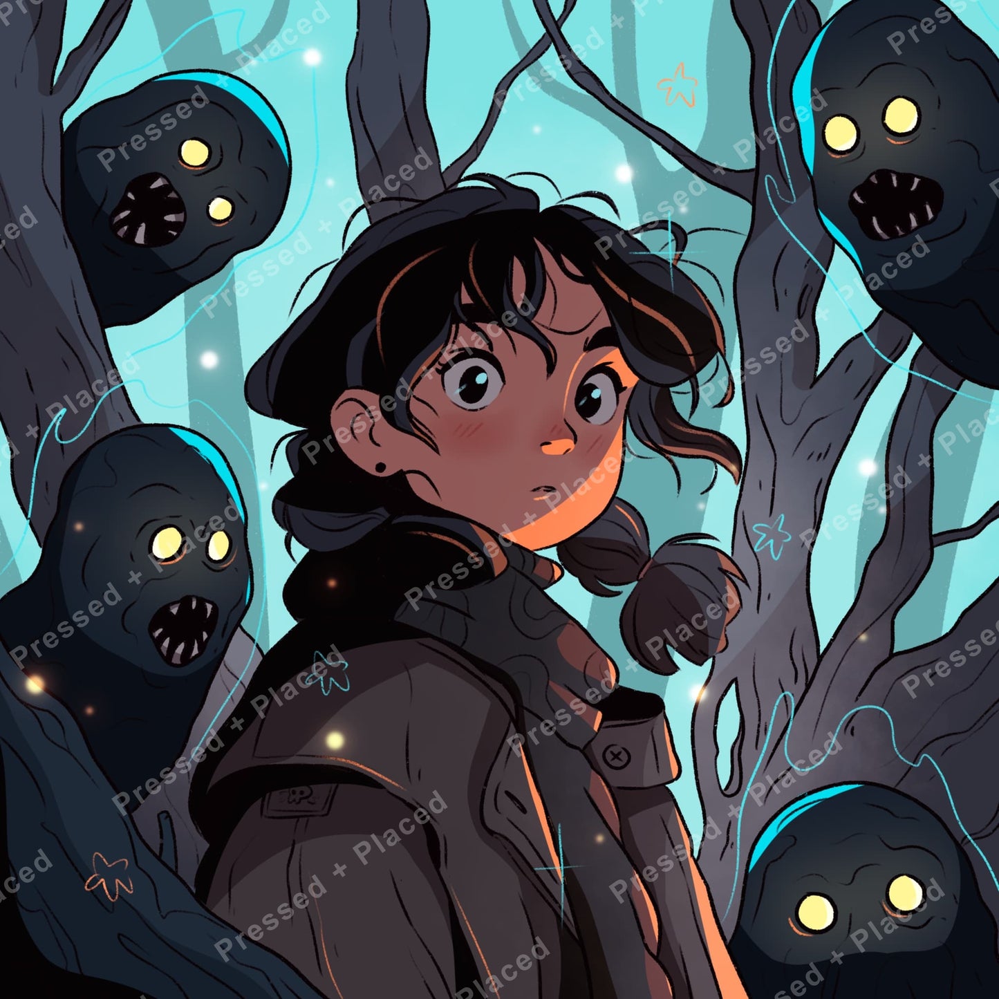 Fantasy girl surrounded by shadow creatures in a moody forest scene