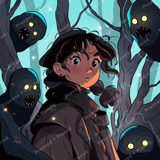 Fantasy girl surrounded by shadow creatures in a moody forest scene