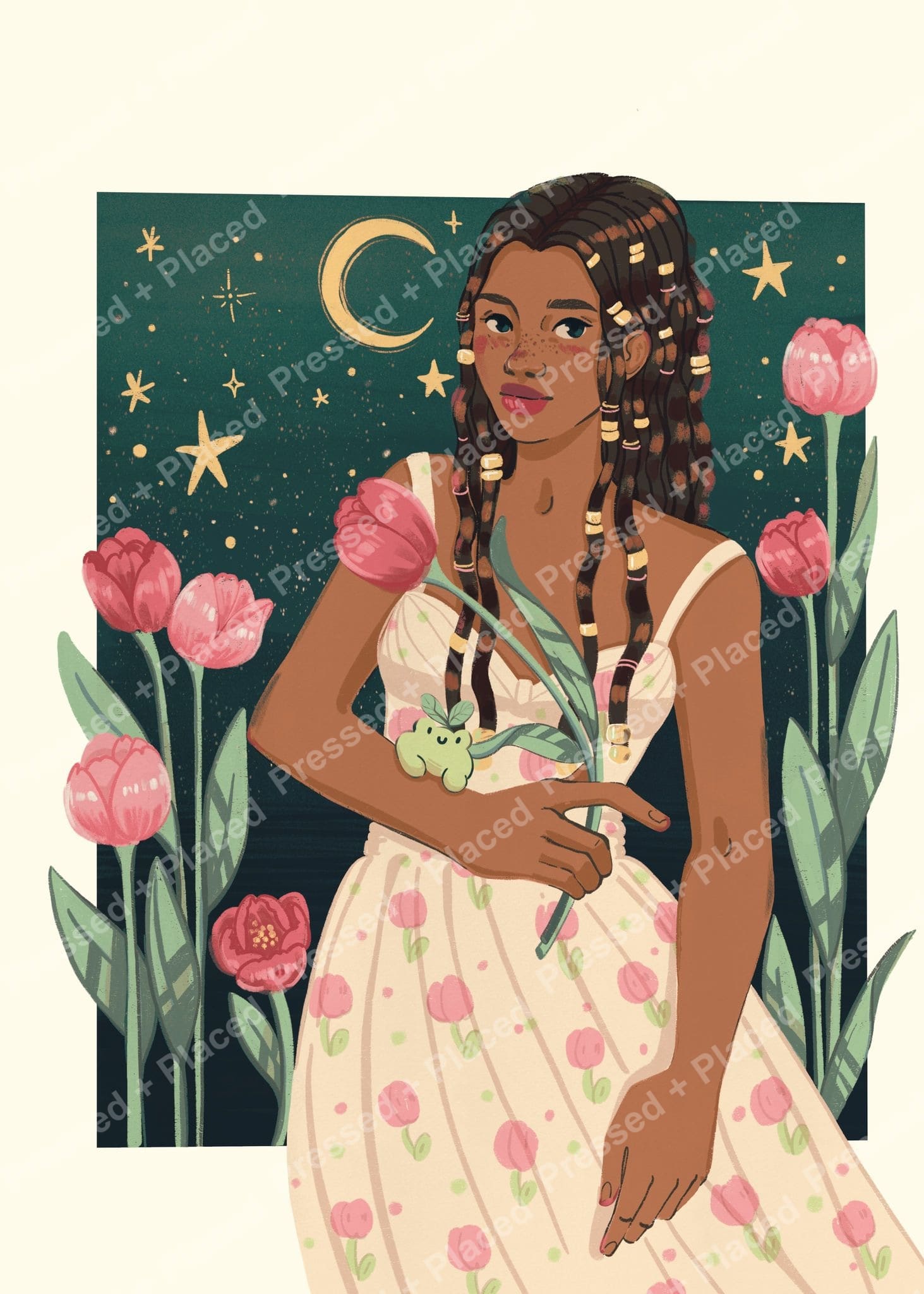 Illustrated girl in floral dress with braids, pink tulips, and starry night background
