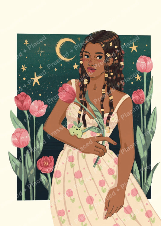 Illustrated girl in floral dress with braids, pink tulips, and starry night background