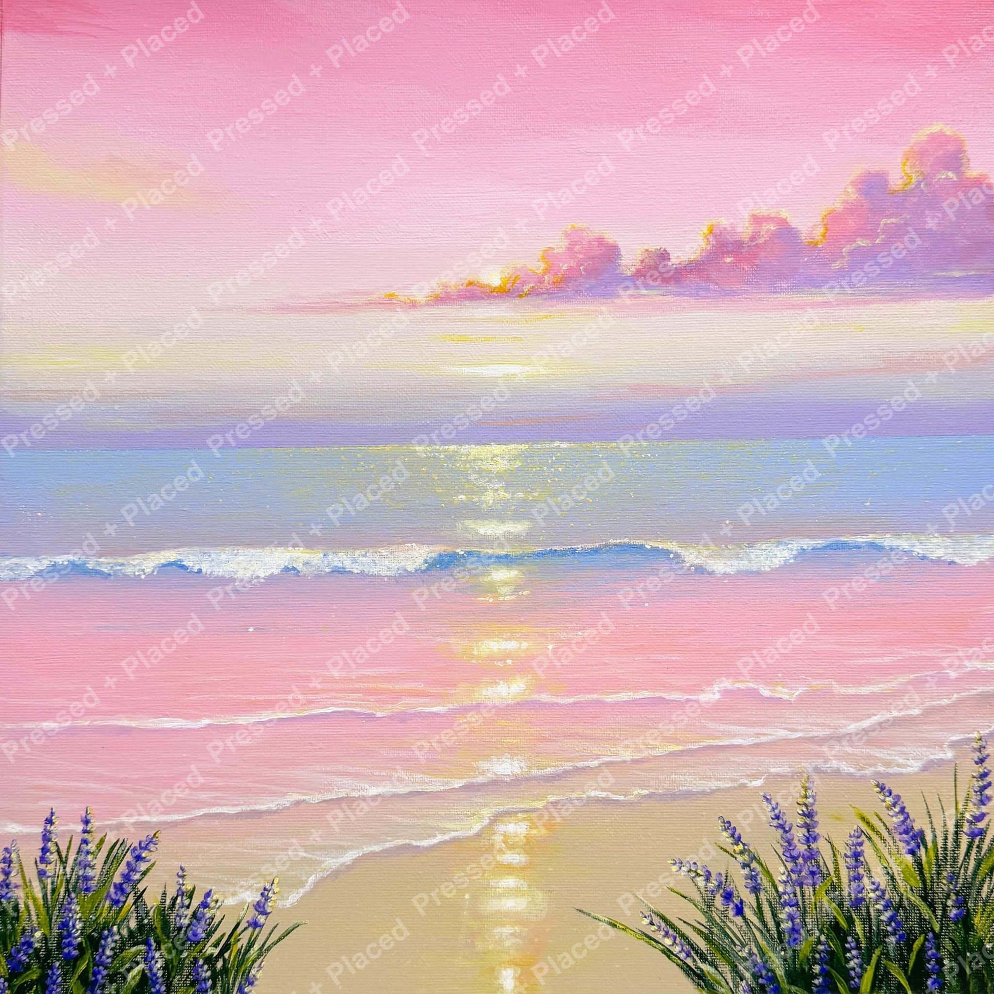 Pastel pink sunset ocean landscape with glowing water, lavender clouds, and purple flowers