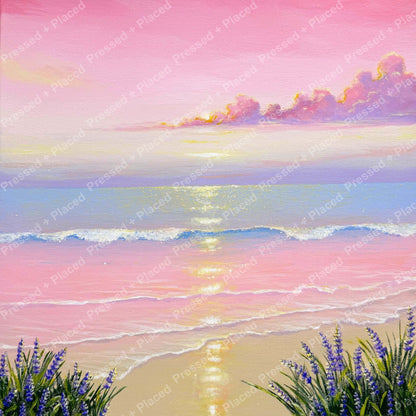 Pastel pink sunset ocean landscape with glowing water, lavender clouds, and purple flowers