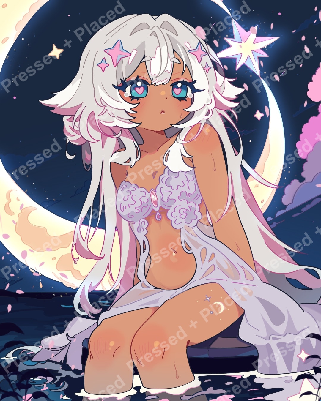 Anime moon girl with white hair, star accents, and pastel fantasy night sky