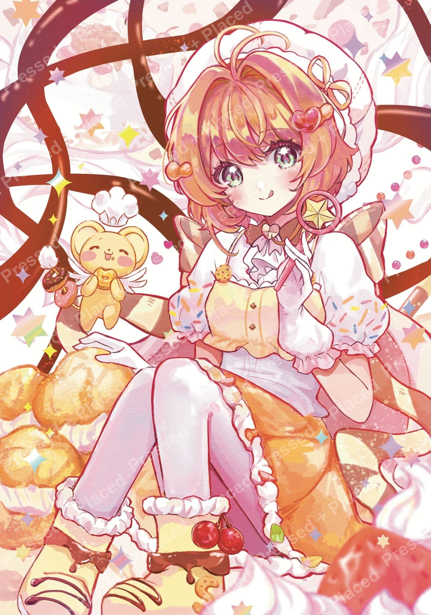 Anime-style girl in pastel dessert outfit with cherries, cookies, and cute candy accents