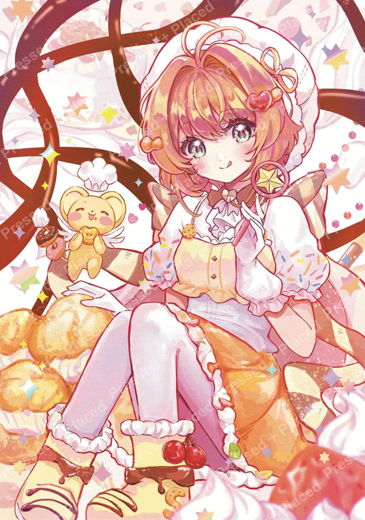 Anime-style girl in pastel dessert outfit with cherries, cookies, and cute candy accents