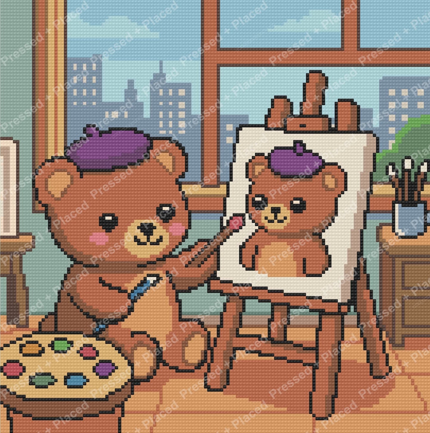 Cartoon bear painter in a cozy studio with easel, palette, and city window backdrop