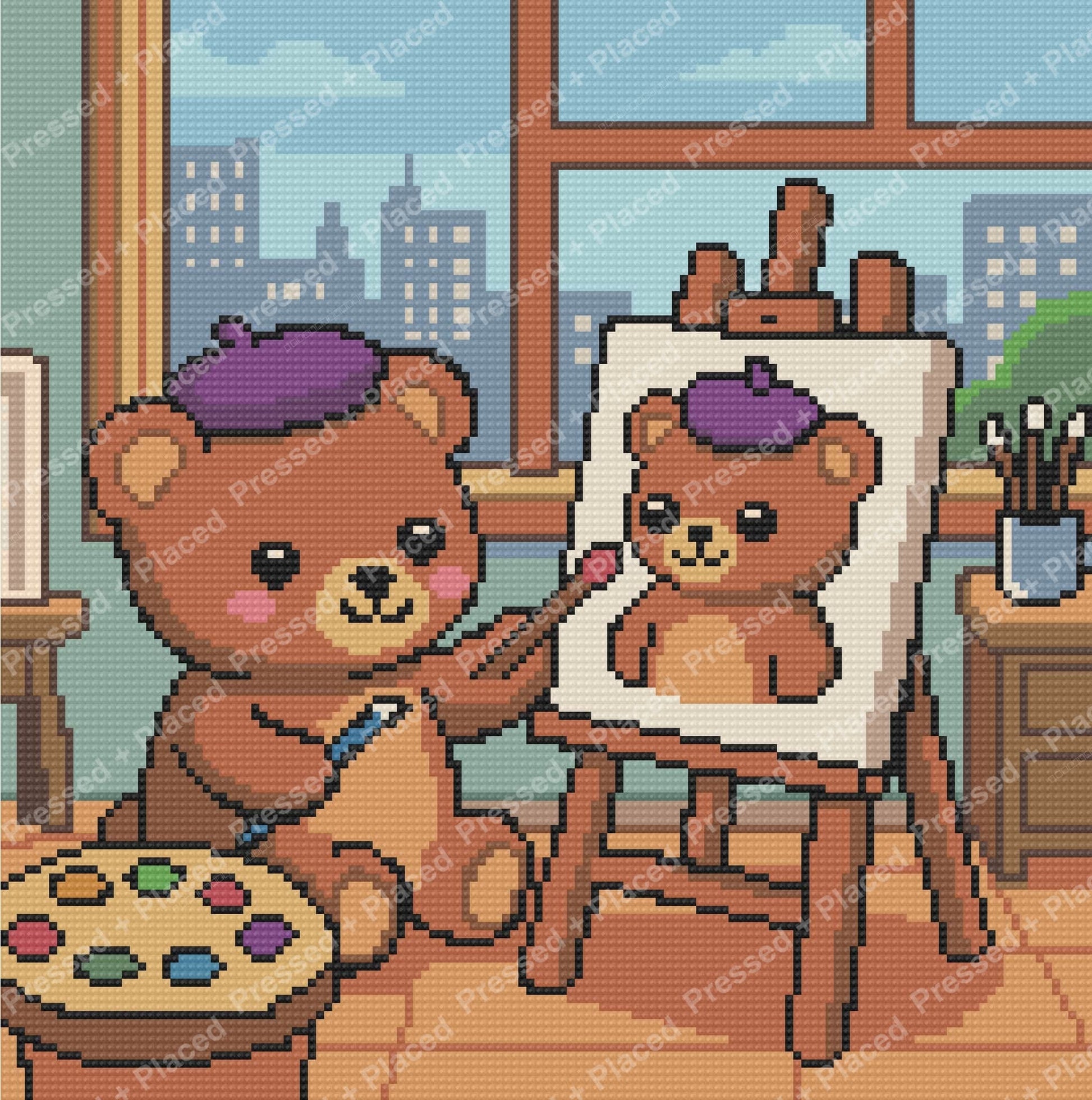 Cartoon bear painter in a cozy studio with easel, palette, and city window backdrop