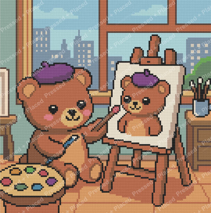 Cartoon bear painter in a cozy studio with easel, palette, and city window backdrop