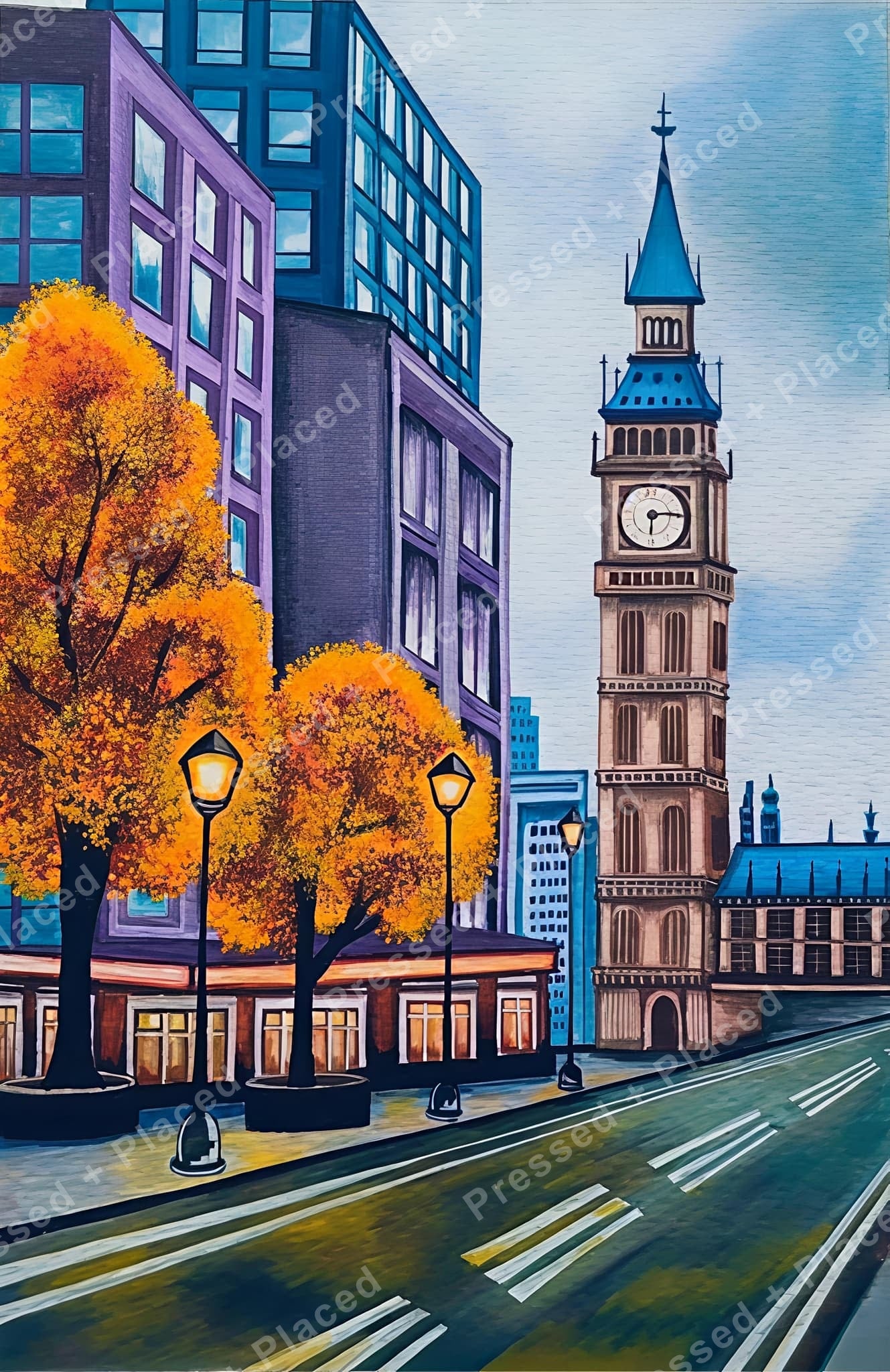 Stylized city street with clock tower, autumn trees, and modern blue buildings