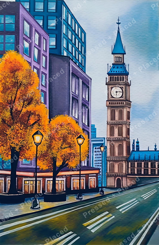 Stylized city street with clock tower, autumn trees, and modern blue buildings