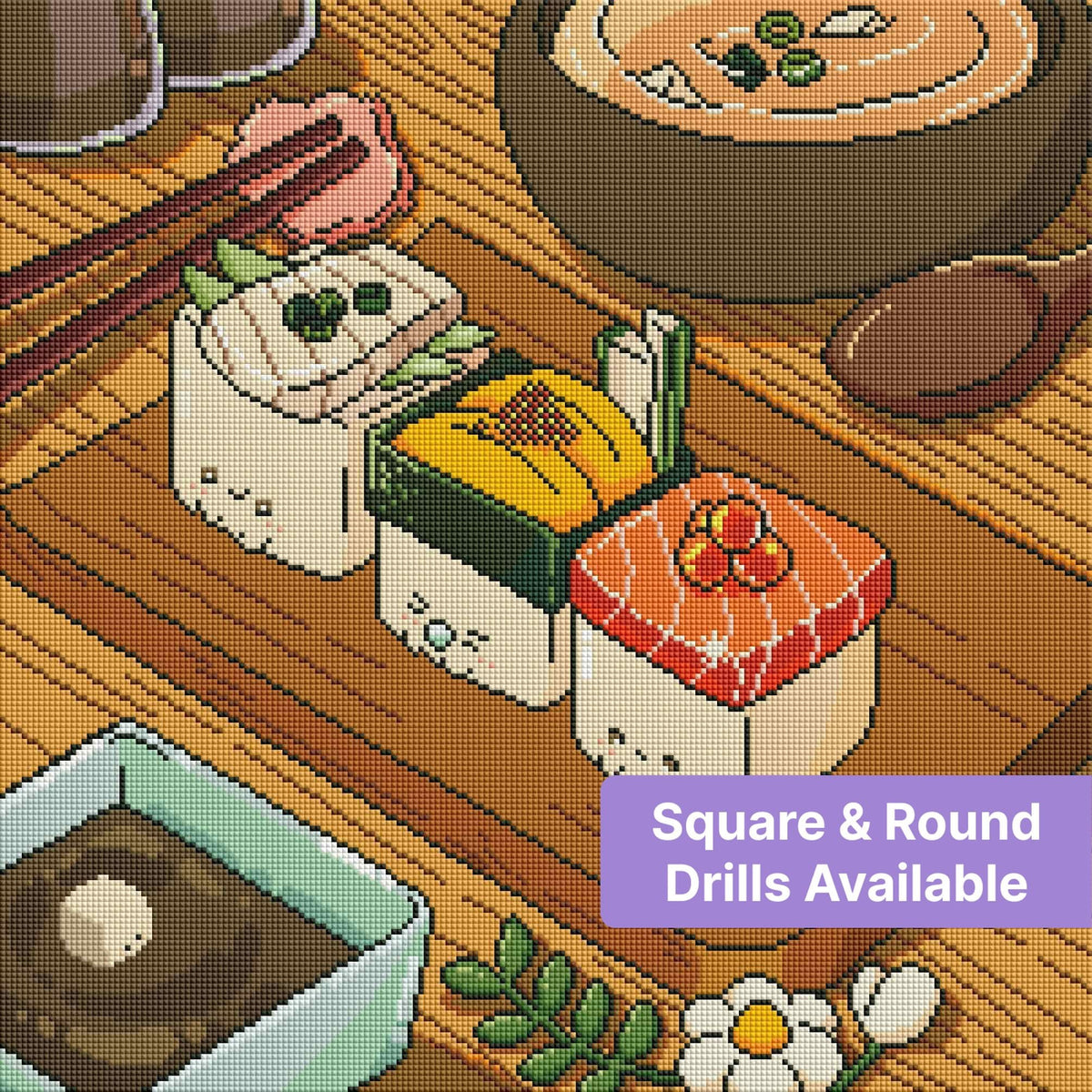 Cute kawaii sushi pieces on a wooden table in warm, colorful Japanese food style