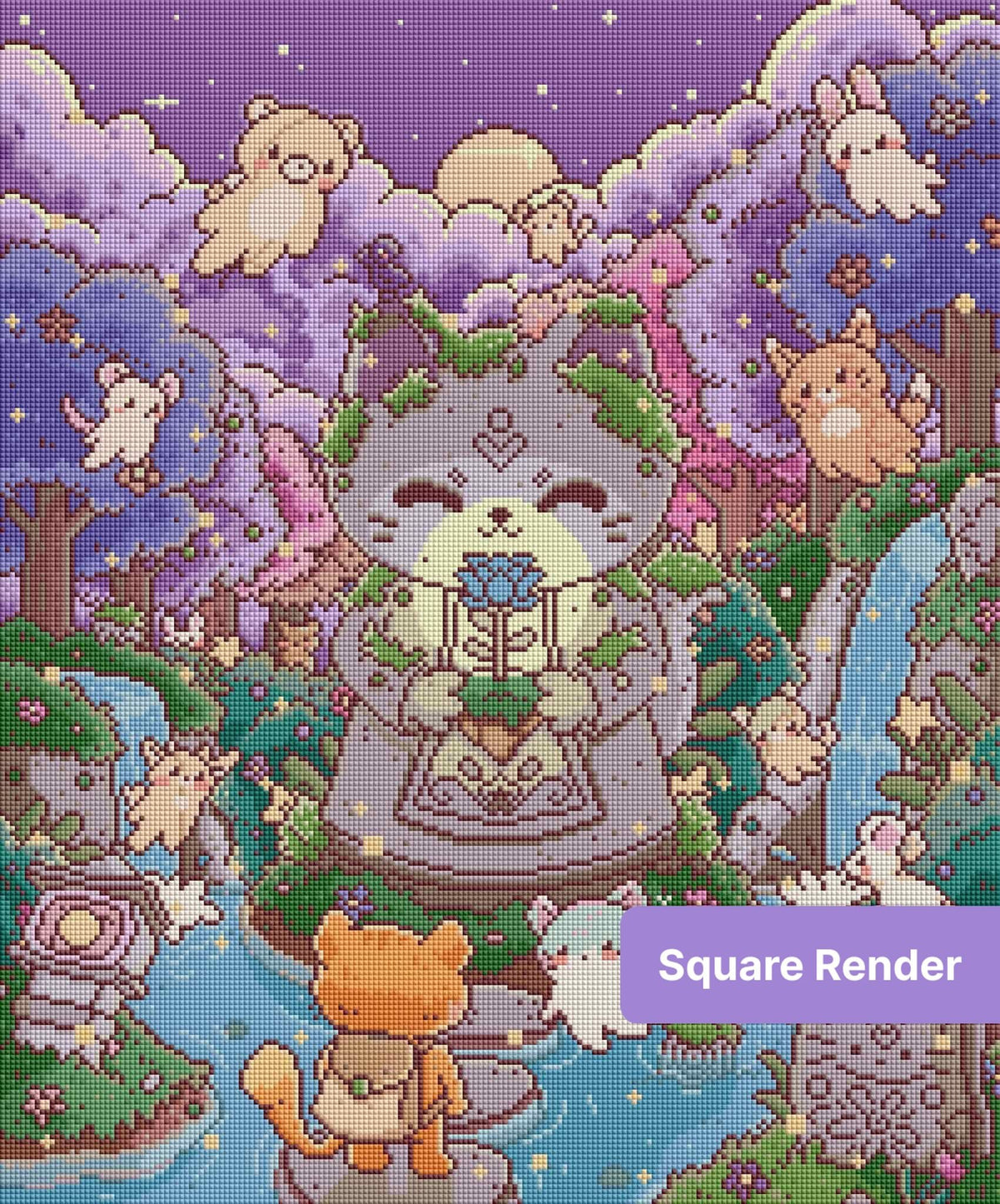 Cute pastel forest animals in a dreamy purple kawaii fantasy scene