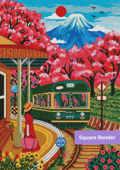 Cherry blossom train station landscape with mountain, vibrant pink trees, and vintage teal train