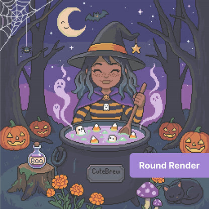 Cute witch in a Halloween scene with pumpkins, ghosts, bats, and a glowing cauldron