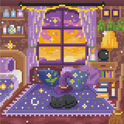 Four witchy bedroom diamond art scenes in purple and cozy fantasy tones