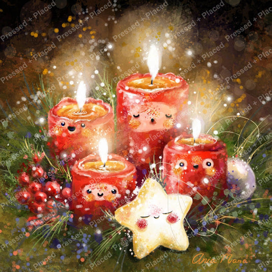 Whimsical red Christmas candles with smiling faces and glowing star ornament