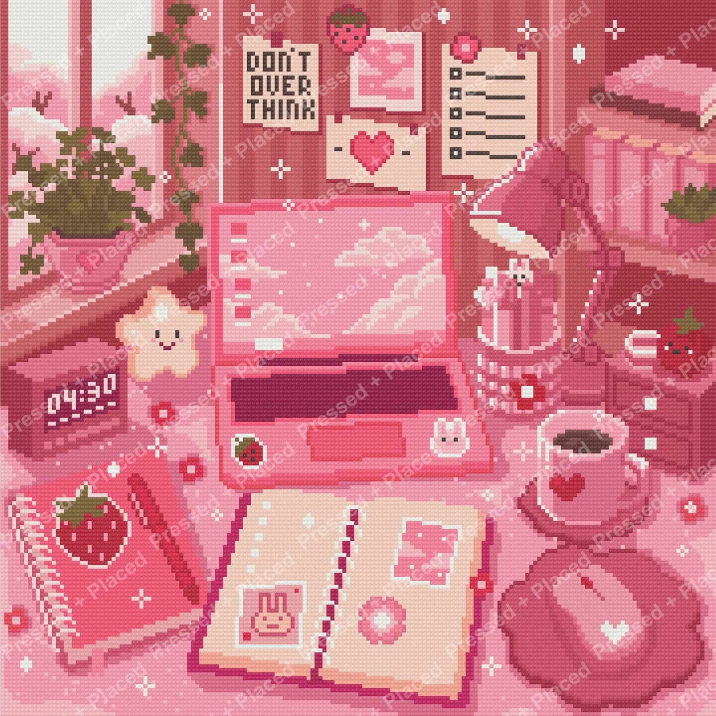 Pink kawaii desk scene with computer, notebooks, hearts, strawberries, and pastel decor