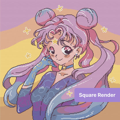 Cute anime girl with pink-purple hair, pastel colors, and star accents in kawaii style