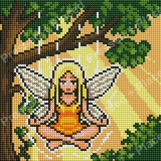Fairy in an orange dress meditating in a woodland fantasy diamond art style